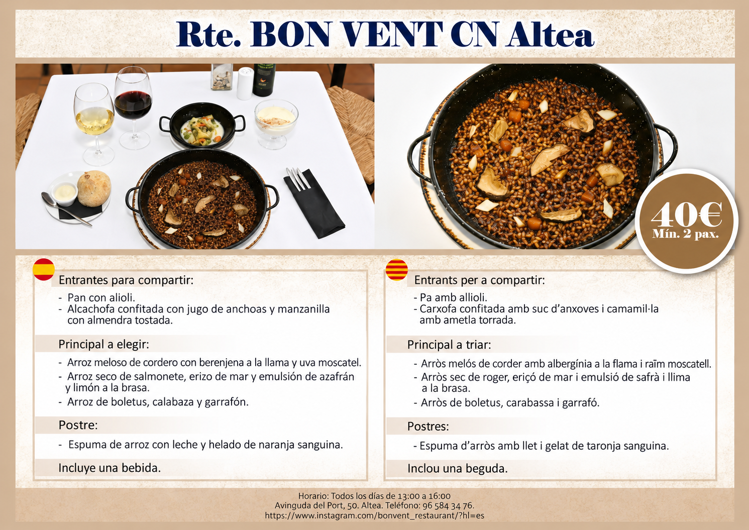Menú mediterráneo Bon Vent Altea
